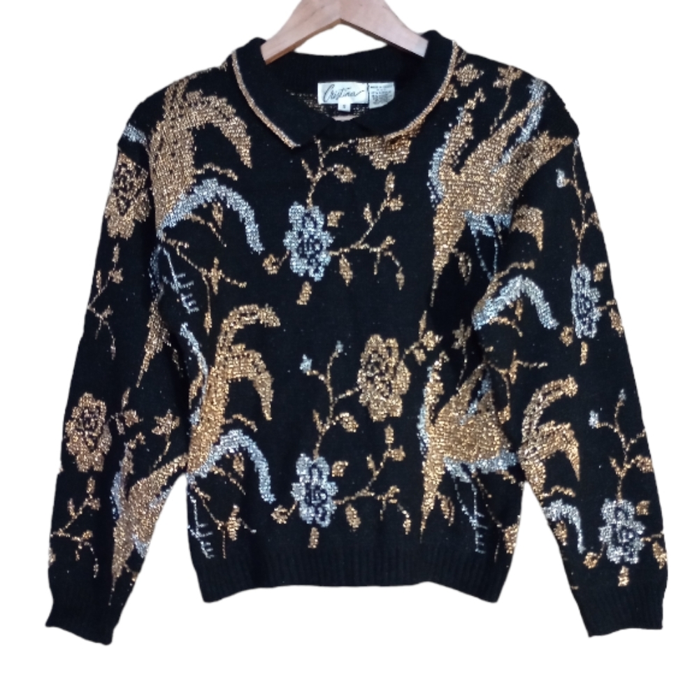 Vintage 70s holiday glam metallic gold and silver floral collared sweater